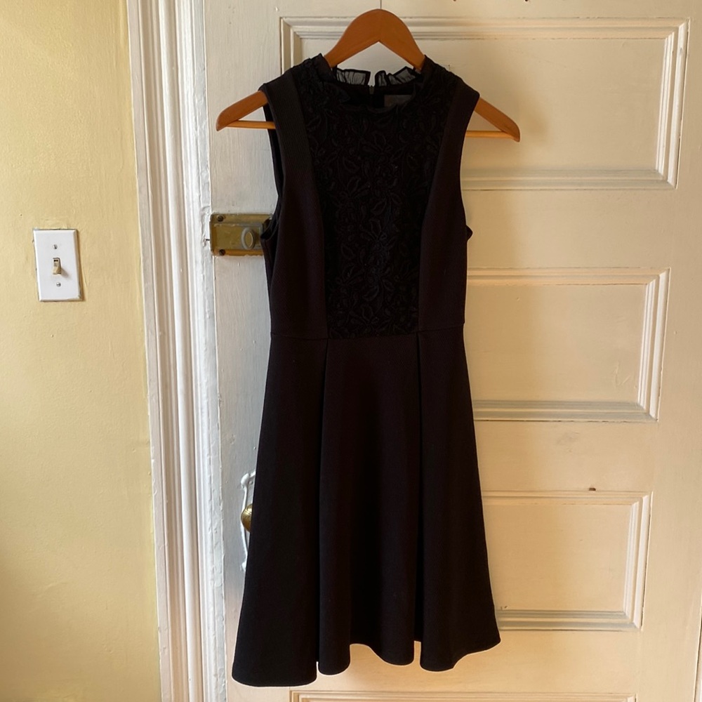 Sunday in Brooklyn Black Pleated Lace Mock Neck Dress